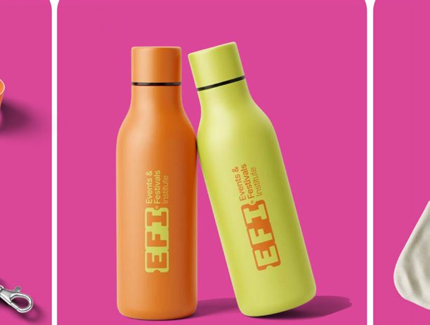 Orange and yellow EFI-branded water bottles on pink