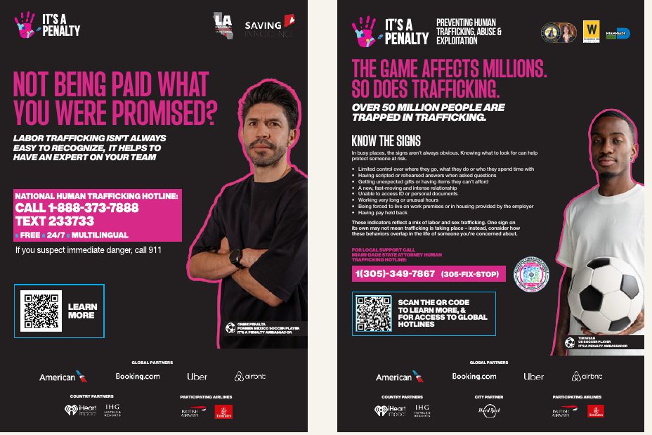 Two campaign posters: 'Not being paid what you were promised?' and 'The game affects millions. So does trafficking.'