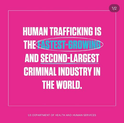 Pink social media graphic with a statistic about human trafficking