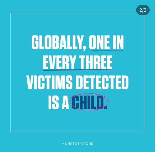 Blue social media graphic: globally, one in every three victims detected is a child